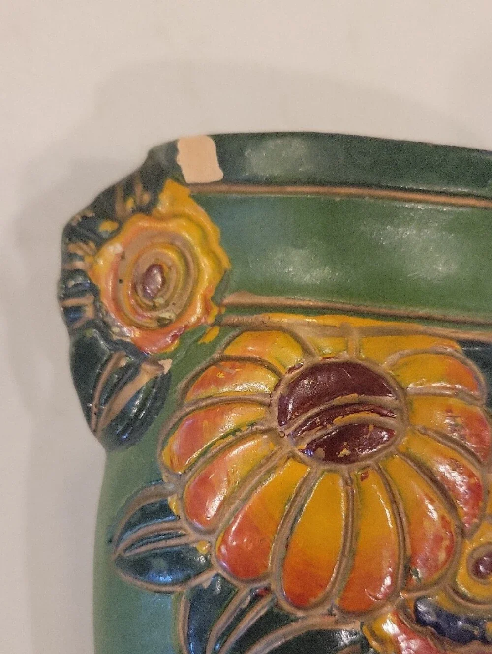 Vintage Green Floral Wall Pocket Vase with Raised Yellow Flowers